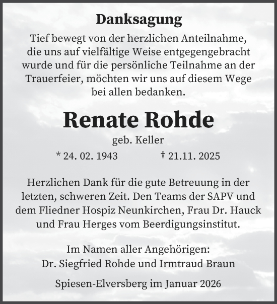 Traueranzeige von Renate Rohde von saarbruecker_zeitung