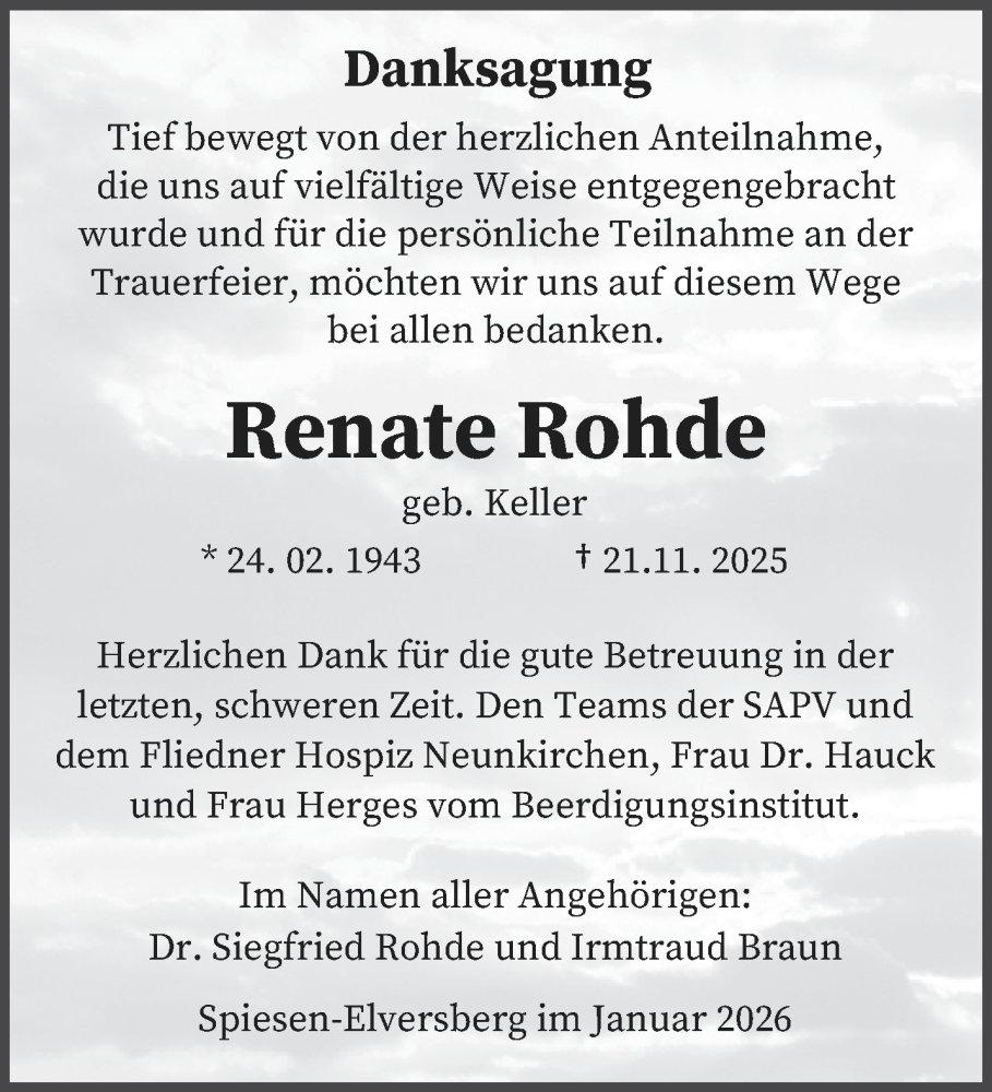  Traueranzeige für Renate Rohde vom 10.01.2026 aus saarbruecker_zeitung