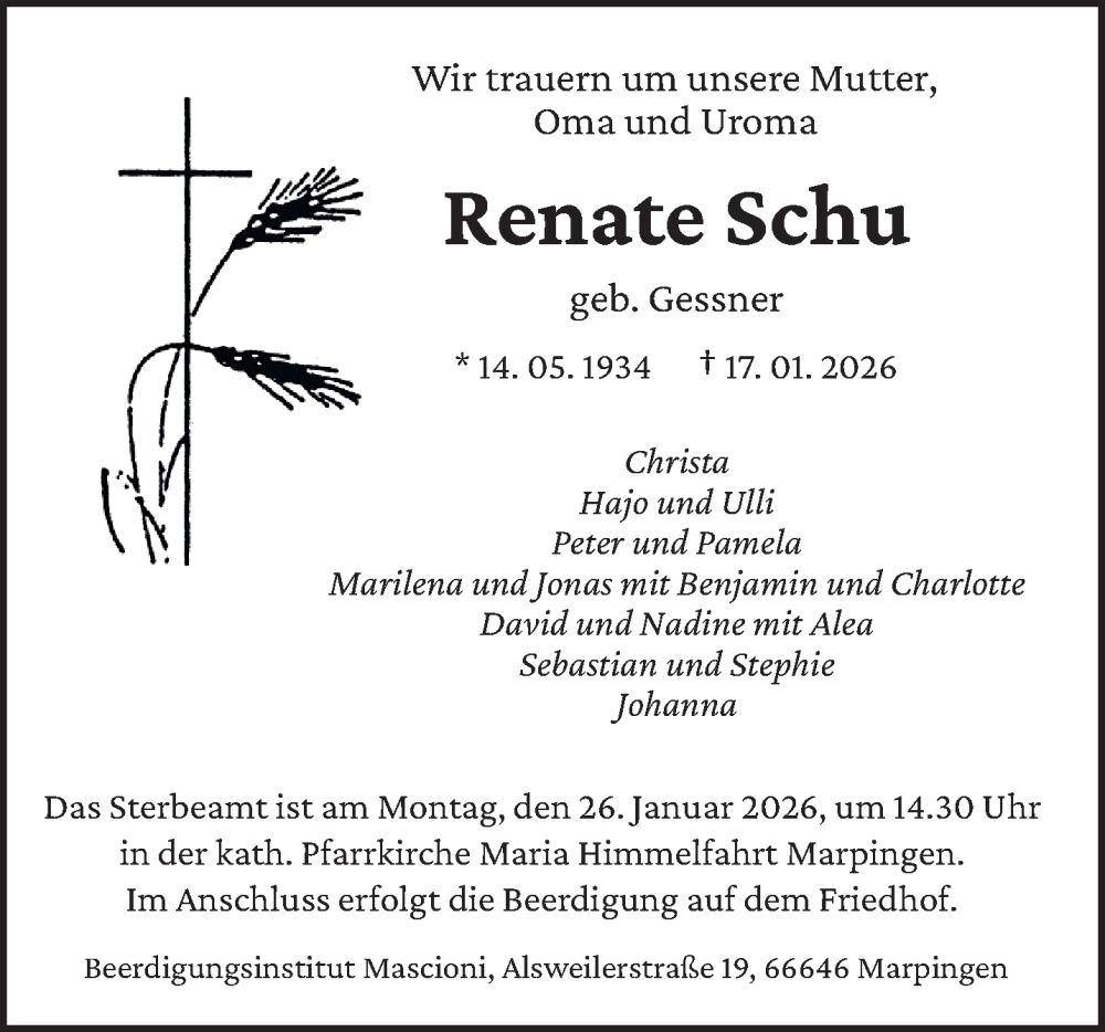  Traueranzeige für Renate Schu vom 24.01.2026 aus saarbruecker_zeitung