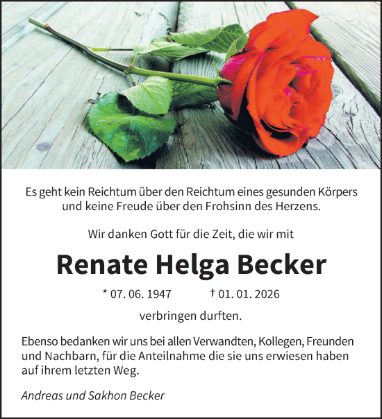 Traueranzeige von Renate Helga Becker von saarbruecker_zeitung