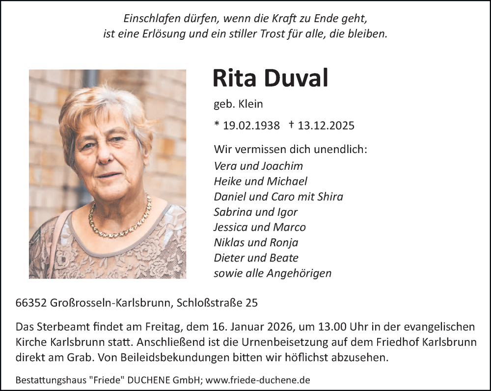  Traueranzeige für Rita Duval vom 10.01.2026 aus saarbruecker_zeitung