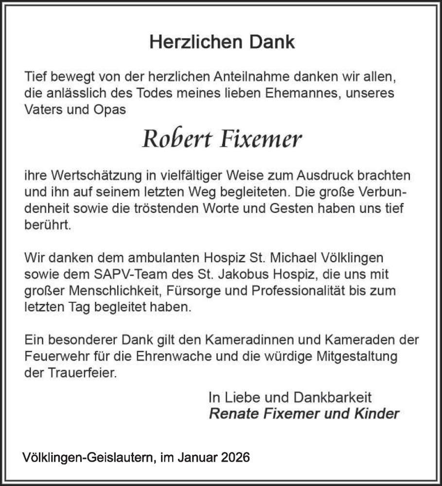  Traueranzeige für Robert Fixemer vom 10.01.2026 aus saarbruecker_zeitung