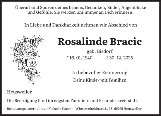 Traueranzeige von Rosalinde Bracic von saarbruecker_zeitung