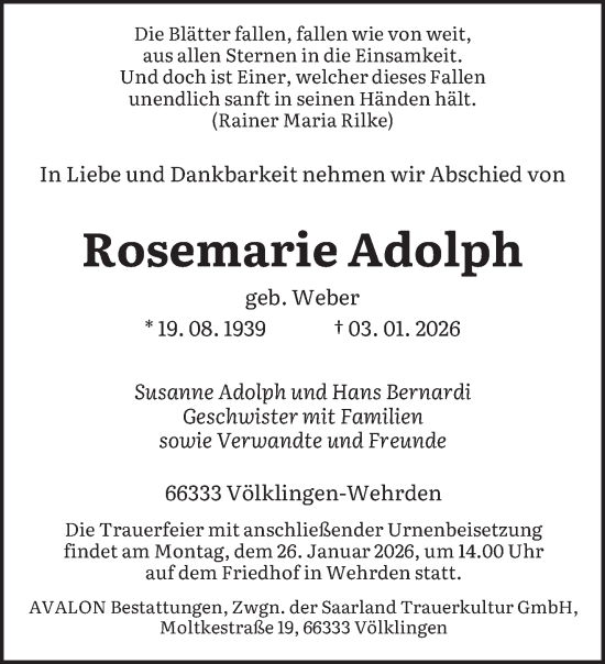 Traueranzeige von Rosemarie Adolph von saarbruecker_zeitung