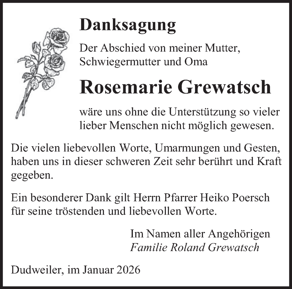  Traueranzeige für Rosemarie Grewatsch vom 03.01.2026 aus saarbruecker_zeitung