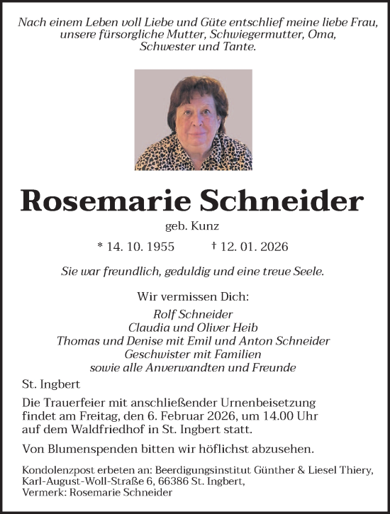 Traueranzeige von Rosemarie Schneider von saarbruecker_zeitung