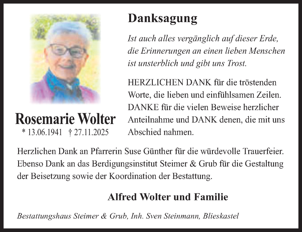  Traueranzeige für Rosemarie Wolter vom 09.01.2026 aus saarbruecker_zeitung