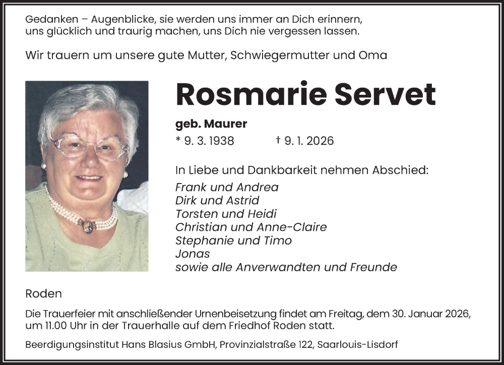  Traueranzeige für Rosmarie Servet vom 24.01.2026 aus saarbruecker_zeitung