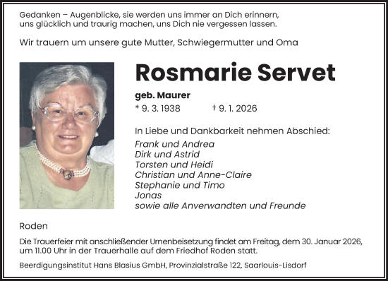 Traueranzeige von Rosmarie Servet von saarbruecker_zeitung