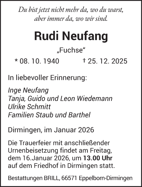 Traueranzeige von Rudi Neufang von saarbruecker_zeitung