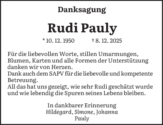 Traueranzeige von Rudi Pauly von saarbruecker_zeitung
