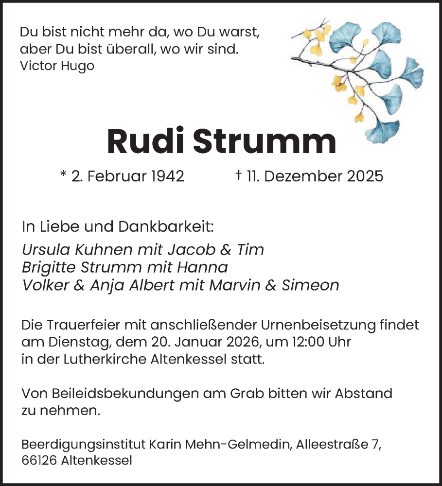  Traueranzeige für Rudi Strumm vom 10.01.2026 aus saarbruecker_zeitung