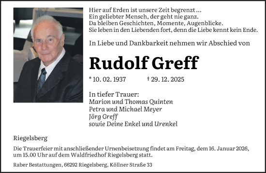Traueranzeige von Rudolf Greff von saarbruecker_zeitung