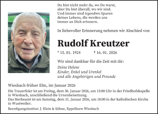 Traueranzeige von Rudolf Kreutzer von saarbruecker_zeitung