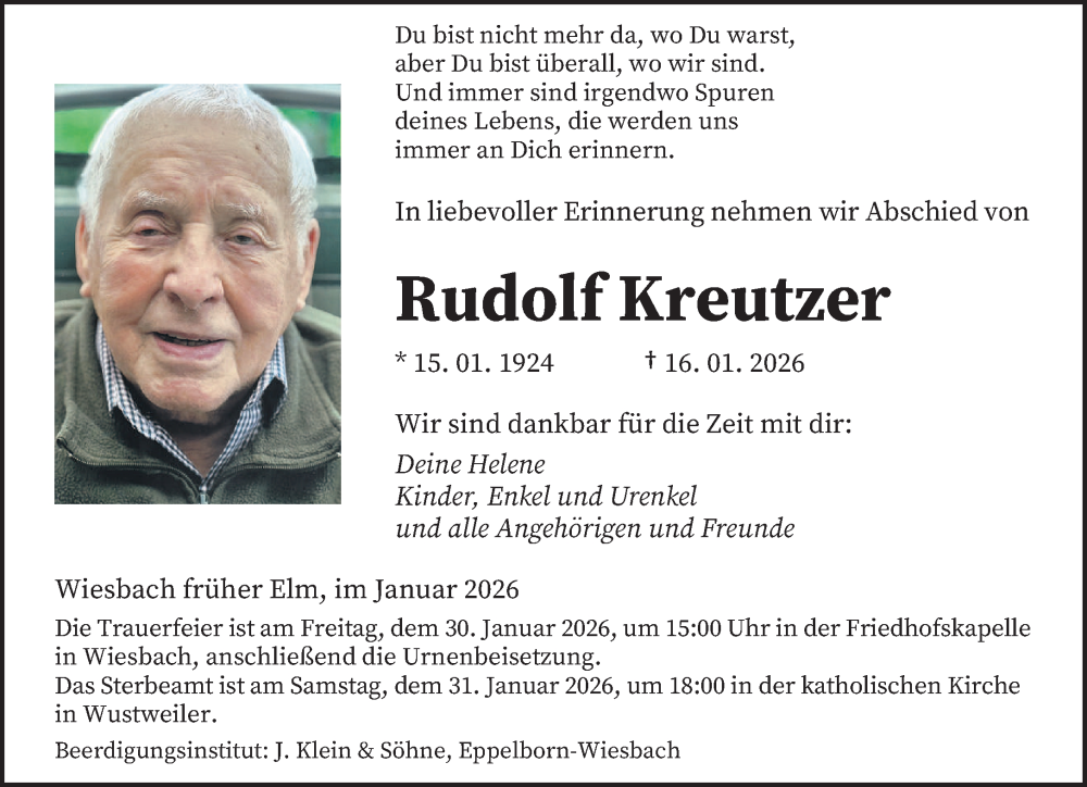  Traueranzeige für Rudolf Kreutzer vom 24.01.2026 aus saarbruecker_zeitung