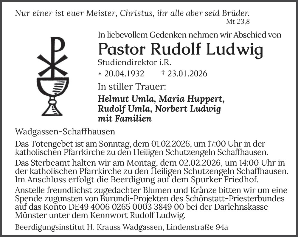  Traueranzeige für Rudolf Ludwig vom 28.01.2026 aus saarbruecker_zeitung