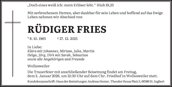 Traueranzeige von Rüdiger Fries von saarbruecker_zeitung