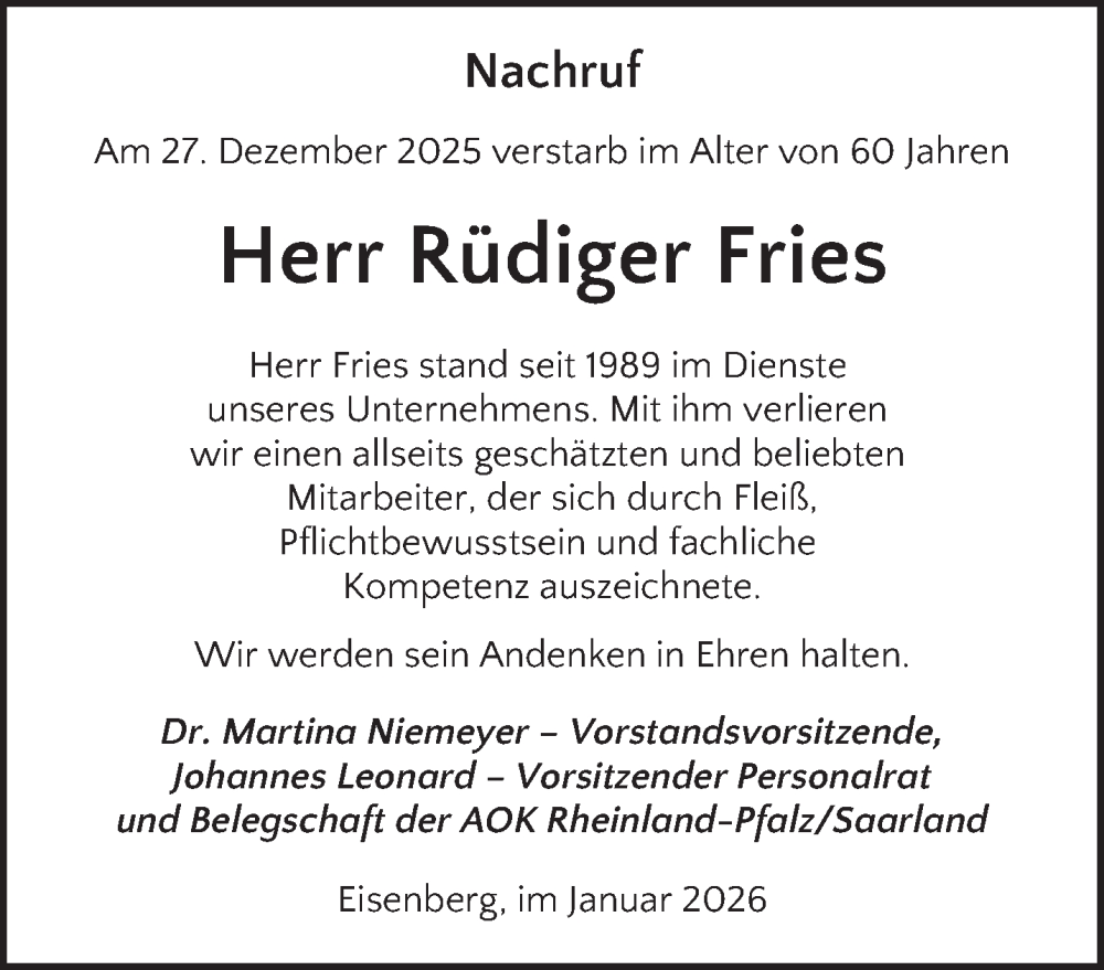 Traueranzeige für Rüdiger Fries vom 10.01.2026 aus saarbruecker_zeitung