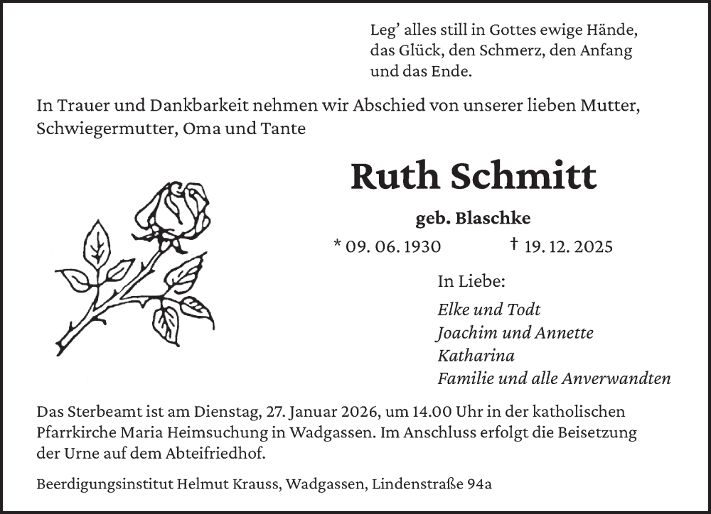  Traueranzeige für Ruth Schmitt vom 23.01.2026 aus saarbruecker_zeitung