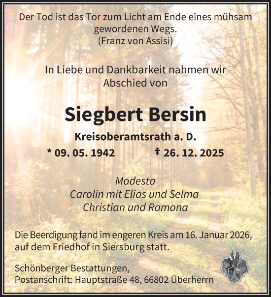 Traueranzeige von Siegbert Bersin von saarbruecker_zeitung