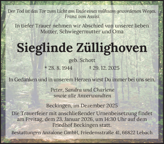 Traueranzeige von Sieglinde Züllighoven von saarbruecker_zeitung