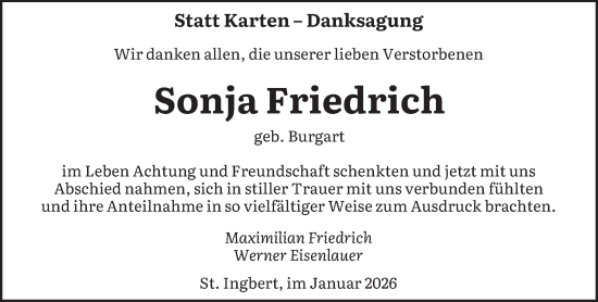 Traueranzeige von Sonja Friedrich von saarbruecker_zeitung