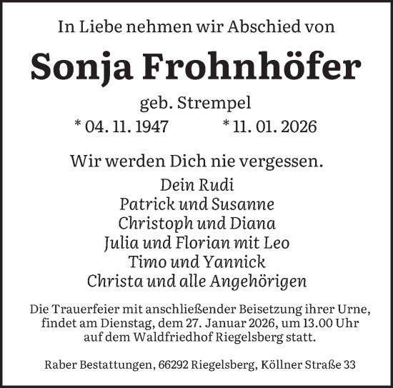 Traueranzeige von Sonja Frohnhöfer von saarbruecker_zeitung