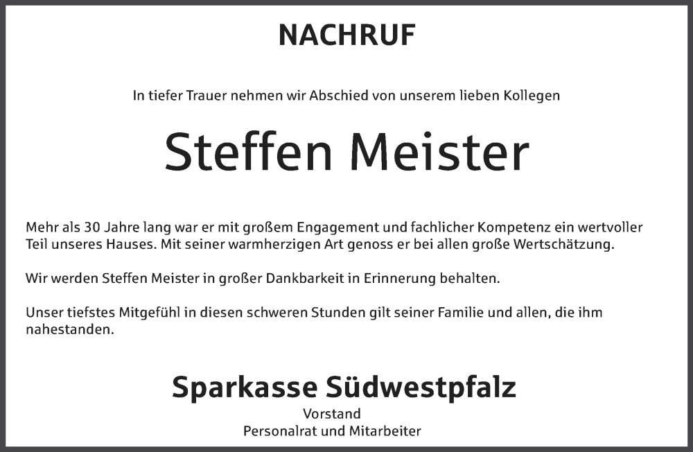  Traueranzeige für Steffen Meister vom 09.01.2026 aus saarbruecker_zeitung