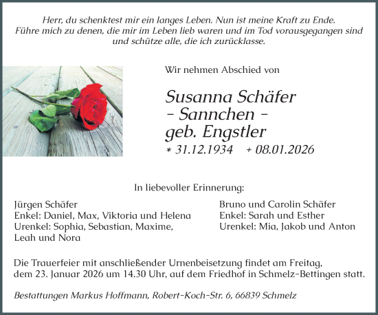 Traueranzeige von Susanna Schäfer von saarbruecker_zeitung