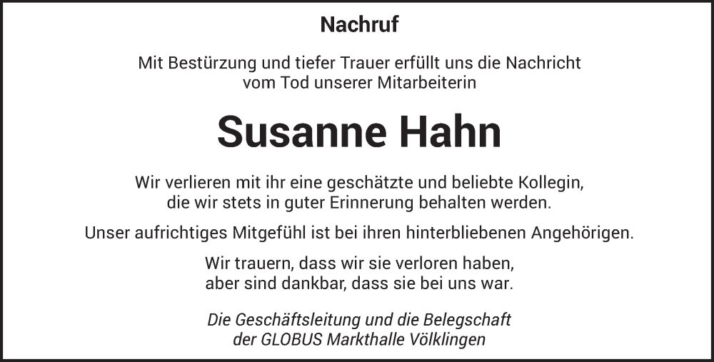  Traueranzeige für Susanne Hahn vom 31.01.2026 aus saarbruecker_zeitung