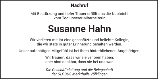 Traueranzeige von Susanne Hahn von saarbruecker_zeitung
