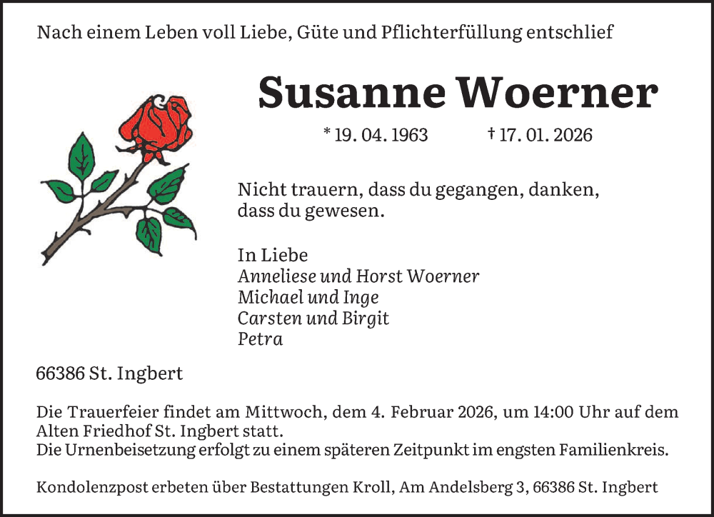  Traueranzeige für Susanne Woerner vom 31.01.2026 aus saarbruecker_zeitung