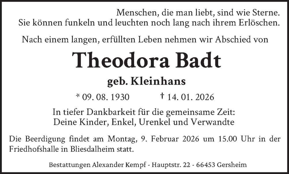  Traueranzeige für Theodora Badt vom 31.01.2026 aus saarbruecker_zeitung