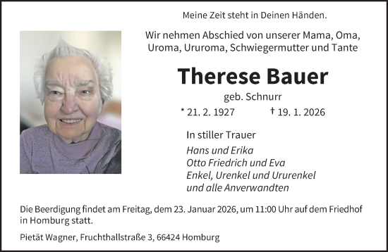 Traueranzeige von Therese Bauer von saarbruecker_zeitung