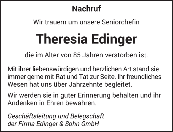 Traueranzeige von Theresia Edinger von saarbruecker_zeitung