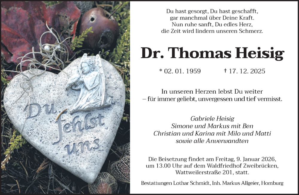  Traueranzeige für Thomas Heisig vom 03.01.2026 aus saarbruecker_zeitung