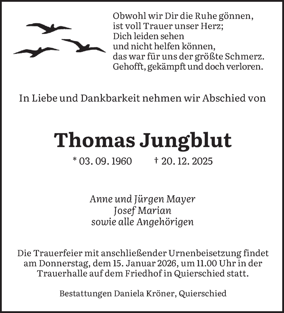  Traueranzeige für Thomas Jungblut vom 10.01.2026 aus saarbruecker_zeitung