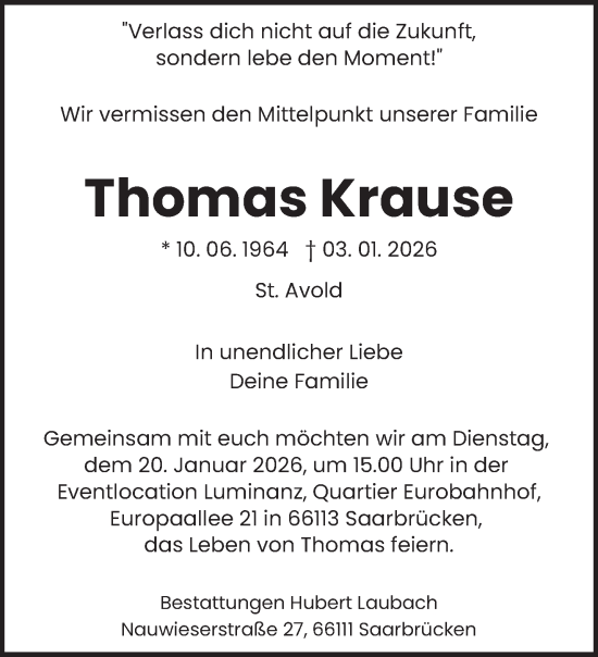 Traueranzeige von Thomas Krause von saarbruecker_zeitung