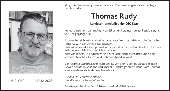 Traueranzeige von Thomas Rudy von saarbruecker_zeitung