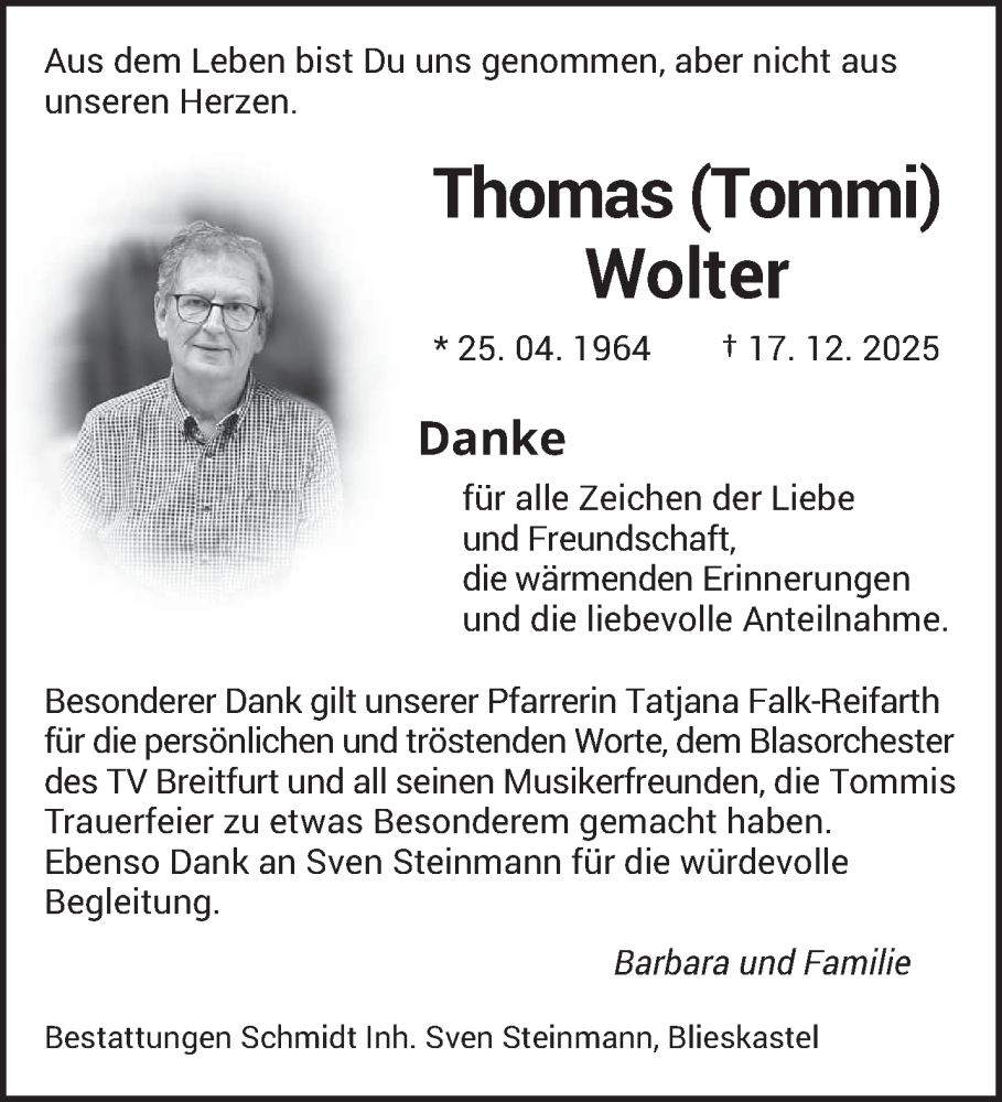  Traueranzeige für Thomas Wolter vom 16.01.2026 aus saarbruecker_zeitung