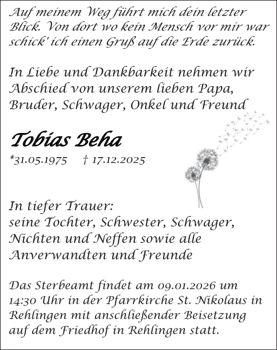 Traueranzeige von Tobias Beha von saarbruecker_zeitung