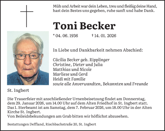 Traueranzeige von Toni Becker von saarbruecker_zeitung