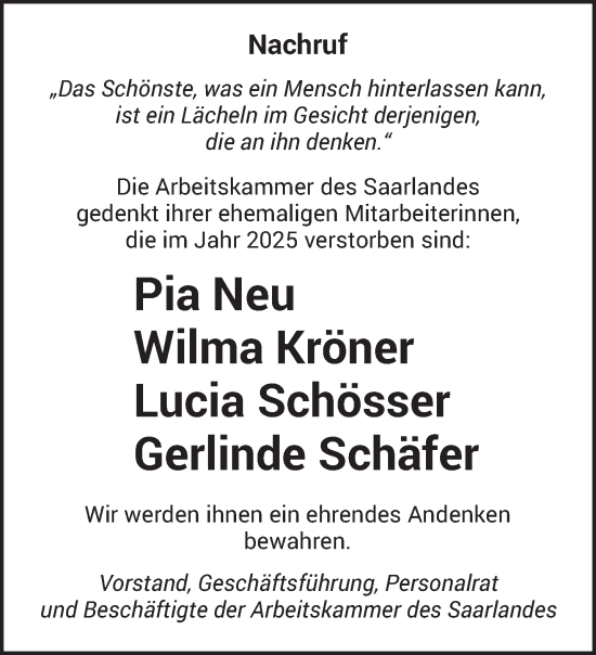 Traueranzeige von Totentafel vom 17.01.2026 von saarbruecker_zeitung