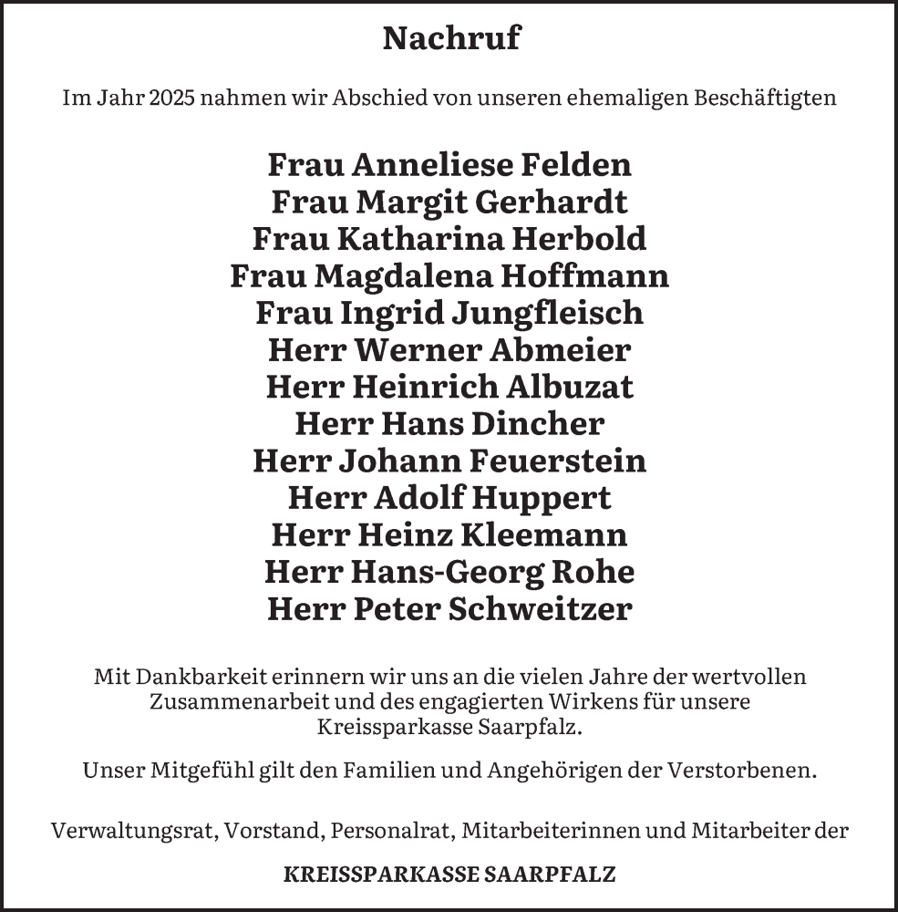  Traueranzeige für Totentafel vom 17.01.2026 vom 17.01.2026 aus saarbruecker_zeitung