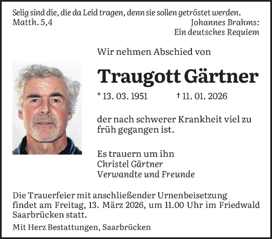 Traueranzeige von Traugott Gärtner von saarbruecker_zeitung