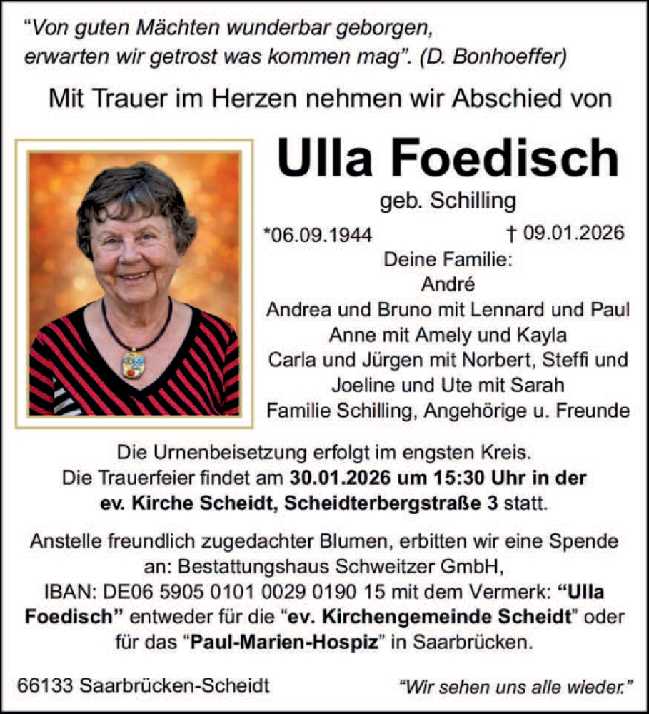  Traueranzeige für Ulla Foedisch vom 24.01.2026 aus saarbruecker_zeitung