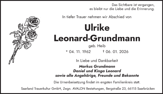 Traueranzeige von Ulrike Leonard-Grundmann von saarbruecker_zeitung