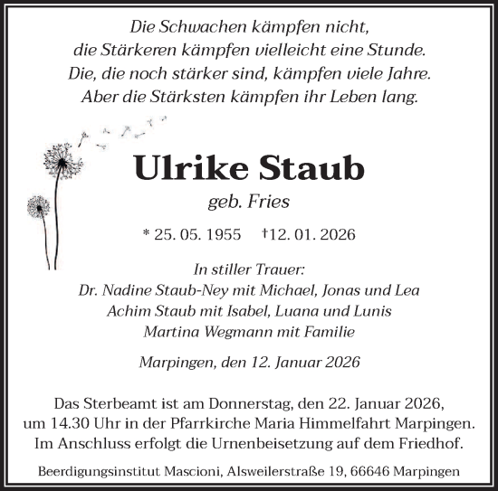 Traueranzeige von Ulrike Staub von saarbruecker_zeitung