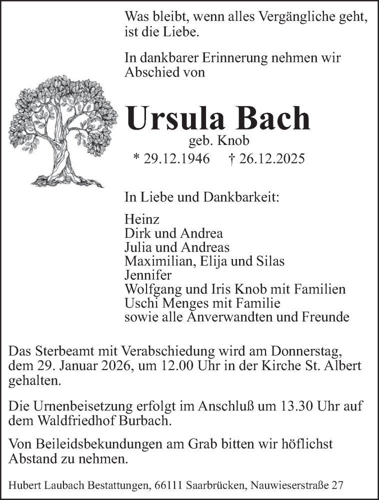 Traueranzeige für Ursula Bach vom 17.01.2026 aus saarbruecker_zeitung