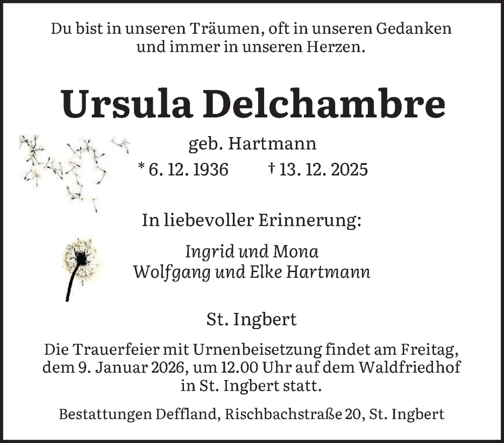  Traueranzeige für Ursula Delchambre vom 03.01.2026 aus saarbruecker_zeitung